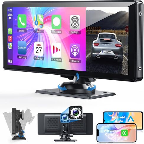 شاشة Carplay مقاس 10.26 بوصة للسيارة، ستيريو سيارة محمول مع كاميرا 4K وكاميرا خلفية تدعم Carplay اللاسلكي/Android Auto/Airplay/Bluetooth/التحكم الصوتي/GPS/AUX، شاشة IPS تعمل باللمس مع بطاقة TF 64 جيجا in Kuwait