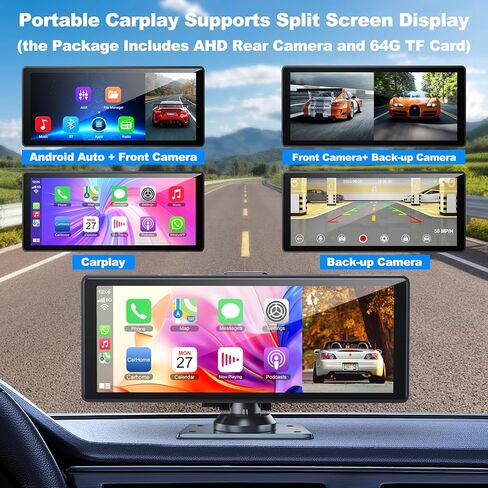 شاشة Carplay مقاس 10.26 بوصة للسيارة، ستيريو سيارة محمول مع كاميرا 4K وكاميرا خلفية تدعم Carplay اللاسلكي/Android Auto/Airplay/Bluetooth/التحكم الصوتي/GPS/AUX، شاشة IPS تعمل باللمس مع بطاقة TF 64 جيجا in Kuwait