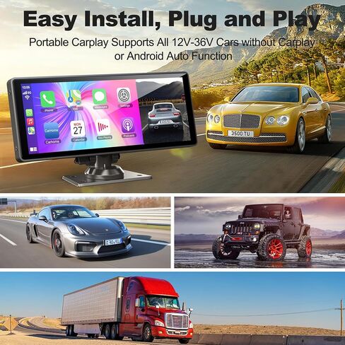 شاشة Carplay مقاس 10.26 بوصة للسيارة، ستيريو سيارة محمول مع كاميرا 4K وكاميرا خلفية تدعم Carplay اللاسلكي/Android Auto/Airplay/Bluetooth/التحكم الصوتي/GPS/AUX، شاشة IPS تعمل باللمس مع بطاقة TF 64 جيجا in Kuwait
