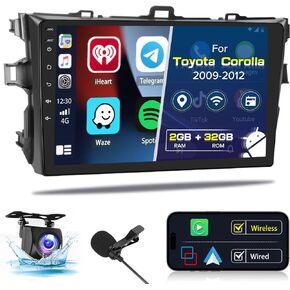 Roinvou 2+64G Android 13 CarPlay Stereo for 2009-2012 Toyota Corolla، راديو CarPlay اللاسلكي مع Android Auto، شاشة لمس 9 بوصات في لوحة القيادة GPS ودعم مرآة Link BT HiFi WiFi RDS SWC