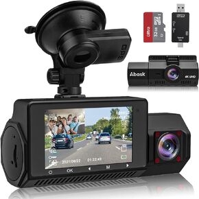 Abask Dash Cam 4K GPS، كاميرا أمامية وداخلية للسيارة مع رؤية ليلية بالأشعة تحت الحمراء، مراقبة وقوف السيارات على مدار 24 ساعة، زاوية واسعة 310 درجة، مستشعر G، تسجيل حلقي، WDR، مكثف فائق أمان، يصل إلى 256 جيجابايت in Kuwait
