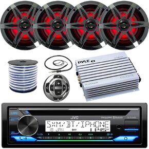 Single DIN Marine Stereo Receiver Bundle Combo with Remote Control, 4X Enrock 6.5" Marine RGB LED Speakers with Chrome Grilles, Pyle 4 Channel 400W Waterproof Amplifier, Antenna, Speaker Wire in Saudi Arabia