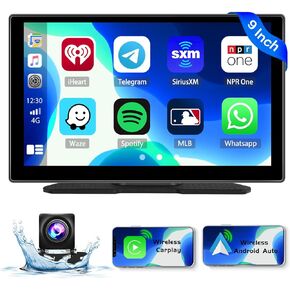 Hikity Portable Wirless Apple Carplay، شاشة لمس 9 بوصة للعب السيارة مع كاميرا احتياطية Carplay Android شاشة تلقائية للسيارة مع نظام ملاحة GPS مزدوج بلوتوث مرآة رابط دعم TF بطاقة AUX FM in Saudi Arabia