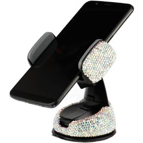 Amiss Universal Bling Cell Phone Holder, 360°Adjustable Phone Mount with One More Air Vent Base, Crystal Car Interior Decoration, for Windshield, Dashboard (White)