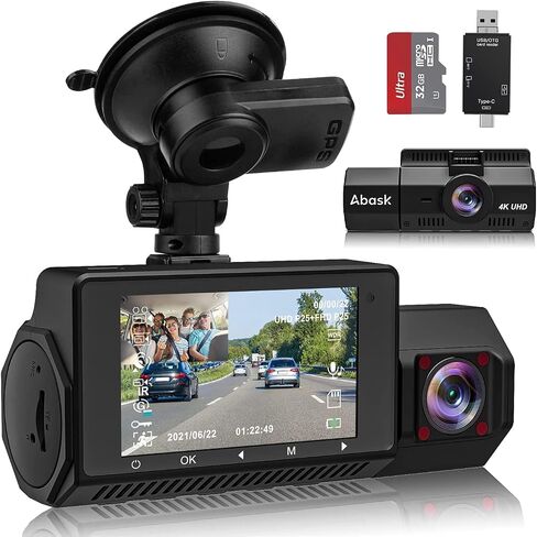 Abask Dash Cam 4K GPS، كاميرا أمامية وداخلية للسيارة مع رؤية ليلية بالأشعة تحت الحمراء، مراقبة وقوف السيارات على مدار 24 ساعة، زاوية واسعة 310 درجة، مستشعر G، تسجيل حلقي، WDR، مكثف فائق أمان، يصل إلى 256 جيجابايت in Kuwait