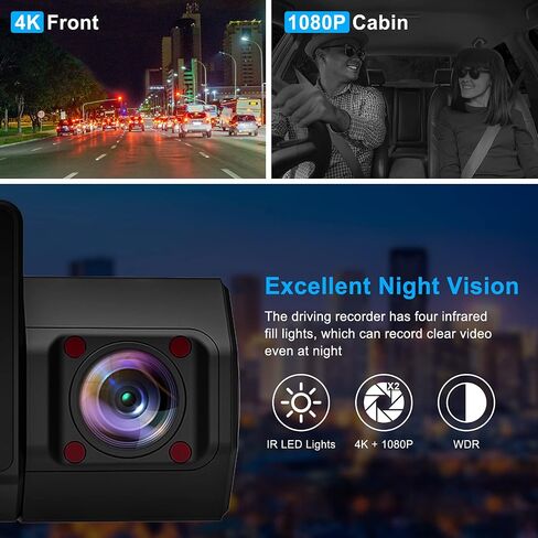 Abask Dash Cam 4K GPS، كاميرا أمامية وداخلية للسيارة مع رؤية ليلية بالأشعة تحت الحمراء، مراقبة وقوف السيارات على مدار 24 ساعة، زاوية واسعة 310 درجة، مستشعر G، تسجيل حلقي، WDR، مكثف فائق أمان، يصل إلى 256 جيجابايت in Kuwait