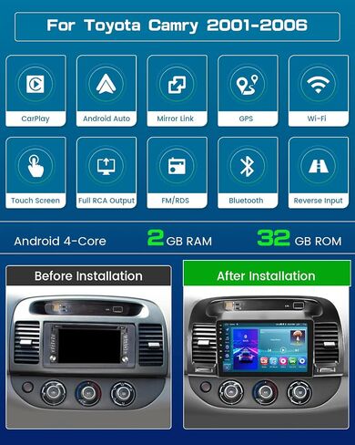 Roinvou 8 Cores 6+128G Android Radio Upgrade for Toyota Camry 2001-2006, 9'' HD Touchscreen with Wireless CarPlay Android Auto GPS Navigation WiFi Backup Camera Mirror Link Bluetooth Mic FM RDS in Kuwait