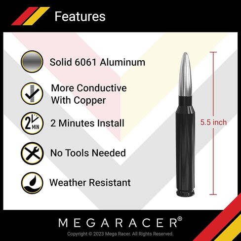 Mega Racer Black with Silver Tip 50 Cal Bullet Style Antenna for Trucks, Cars & SUVs - 5.5" Universal Fit, AM/FM Radio, 6061 Solid Aluminum, Anti-Theft Design, Car Wash Safe, Antenna Replacement, 1 Pc in Saudi Arabia