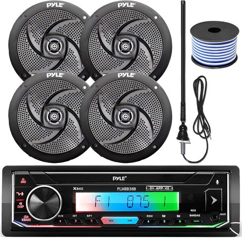 Pyle 16-25 'Bay Boat Single DIN Bluetooth Marine Stereo Setup Bundle Combo مع 4X 5.25 بوصة 180 وات مكبرات صوت سوداء مقاومة للماء، سلك مكبر صوت 18 قياس 50 قدم، هوائي راديو صاري مطاطي أسود in Saudi Arabia