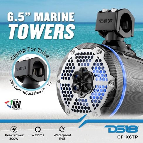 DS18 Hydro NXL-X6TP/BK مقاس 6.5 بوصة للرياضات البحرية والرياضات القوية، مكبرات صوت برجية مقاومة للماء مع مصابيح LED RGB مدمجة 300 وات 4 أوم - رائعة للقوارب ورياضات السيارات وجيب ATV وUTV باللون الأسود (زوج) in Kuwait