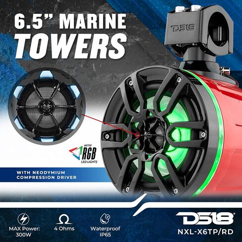 DS18 Hydro NXL-X6TP/BK 6.5" Marine & Powersports Water Resistant Wakeboard Tower Pods Speakers with Integrated RGB LED Lights 300 Watts 4 Ohms - Great for Boats Motorsports Jeep ATV & UTV Black (Pair) in Saudi Arabia