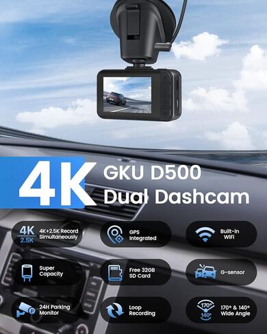 كاميرا داش كام أمامية وخلفية 4K، بطاقة SD مجانية بسعة 32 جيجابايت، كاميرا داش للسيارات مع نظام تحديد المواقع واي فاي مدمج، كاميرا داش كام مزدوجة 4K + 2.5K، زاوية واسعة 170 درجة، تسجيل حلقي، مستشعر G، رؤية ليلية، شاشة وقوف السيارات، 512 جيجابايت الأعلى in Kuwait
