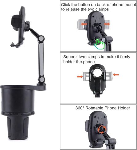 توبريما حامل اكواب للسيارة متعدد الوظائف بقاعدة قابلة للتعديل مع حامل موبايل قابل للدوران 360 درجة للسيارة in Kuwait