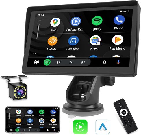حامل لوحة القيادة Apple Carplay اللاسلكي، شاشة سيارة أندرويد محمولة 7 بوصة، نظام ملاحة GPS للسيارة مع وصلة مرآة/بلوتوث/جهاز إرسال FM/USB + كاميرا احتياطية 12LED in Kuwait