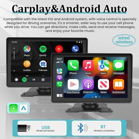 حامل لوحة القيادة Apple Carplay اللاسلكي، شاشة سيارة أندرويد محمولة 7 بوصة، نظام ملاحة GPS للسيارة مع وصلة مرآة/بلوتوث/جهاز إرسال FM/USB + كاميرا احتياطية 12LED in Kuwait