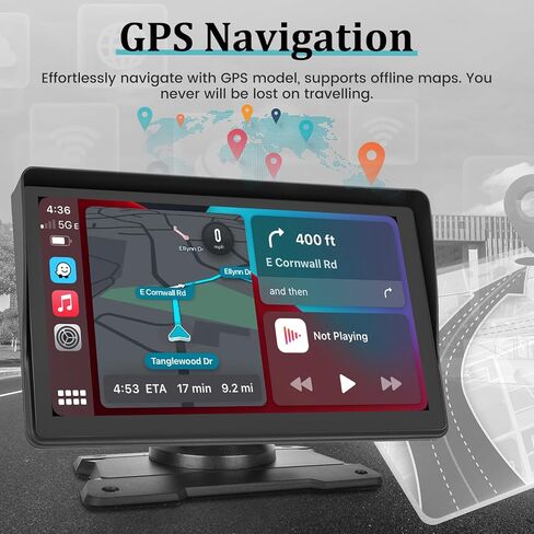 حامل لوحة القيادة Apple Carplay اللاسلكي، شاشة سيارة أندرويد محمولة 7 بوصة، نظام ملاحة GPS للسيارة مع وصلة مرآة/بلوتوث/جهاز إرسال FM/USB + كاميرا احتياطية 12LED in Kuwait