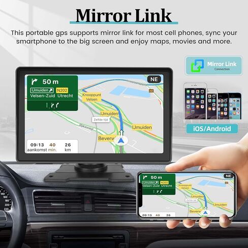 حامل لوحة القيادة Apple Carplay اللاسلكي، شاشة سيارة أندرويد محمولة 7 بوصة، نظام ملاحة GPS للسيارة مع وصلة مرآة/بلوتوث/جهاز إرسال FM/USB + كاميرا احتياطية 12LED in Kuwait