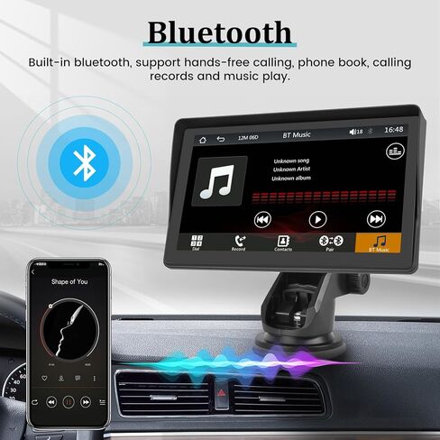 حامل لوحة القيادة Apple Carplay اللاسلكي، شاشة سيارة أندرويد محمولة 7 بوصة، نظام ملاحة GPS للسيارة مع وصلة مرآة/بلوتوث/جهاز إرسال FM/USB + كاميرا احتياطية 12LED in Kuwait