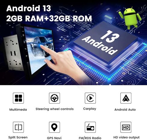 نظام تشغيل Android 13 ستيريو للسيارة مزدوج Din لاسلكي Apple Carplay وAndroid Auto شاشة لمس 10.1 بوصة راديو سيارة مع نظام ملاحة GPS RCA USB وكاميرا احتياطية 23 سمة لواجهة المستخدم in Kuwait