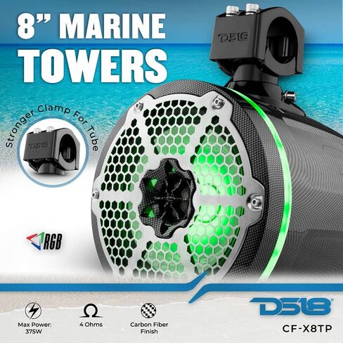 DS18 Hydro NXL-X8TP/BK 8" Marine Towers with Integrated RGB LED Lights - High Performance, Marine Grade IP65 Rated, UV Stable, 375 W Max 125 W RMS 4 Ohms (Pair) in Saudi Arabia