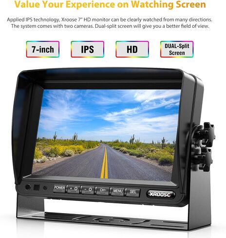 Xroose Wired RV Backup Camera System, 7-inch HD Dual-Split Screen Monitor, IP69 Waterproof Rear/Front-View Reverse Cameras for Truck/Trailer/Bus/Van/5th Wheel/Tractor (CY702) in Kuwait