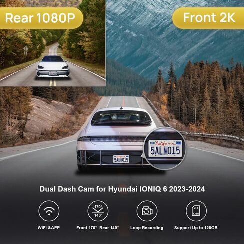 Fitcamx 2K Dual Dash Cam Adapts for Hyundai IONIQ 6 2023 2024 Limited SEL (Has Auto Dimming Mirror), OEM Style, Front 1440P+Rear 1080P Video, WiFi&APP, Loop Recording, G-Sensor, Easy to Set, 64GB Card in Kuwait