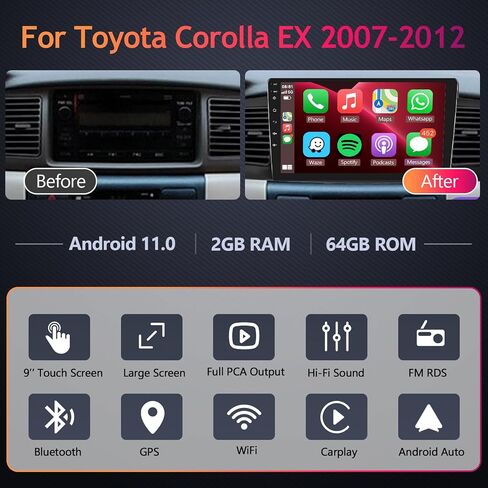 2G+64G لسيارة Toyota Corolla EX 2007-2012 ستيريو سيارة أندرويد مع Apple CarPlay اللاسلكي Android Auto، podofo شاشة لمس 9 بوصة راديو سيارة بلوتوث مع نظام ملاحة GPS HiFi Audio WiFi كاميرا احتياطية in Kuwait