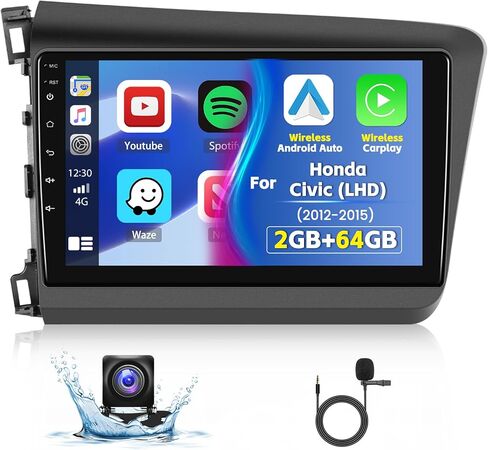 Roinvou 2+64G Android CarPlay Stereo لـ 2012-2015 Honda Civic(LHD)، مشغل CarPlay لاسلكي مدمج مع Android Auto، شاشة لمس 9 بوصات في لوحة القيادة GPS ودعم مرآة Link BT FM RDS AHD in Kuwait