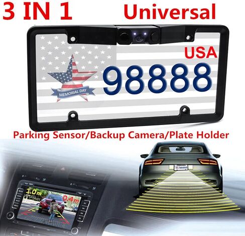 IP67 License Plate Backup Camera, License Plate Parking Sensor Radar Rearview Reverse Backup Camera Connected with Any Rearview Monitor and Display Used to Reduce Accident wear Outdoor in Saudi Arabia