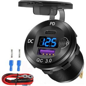 12V USB C Aluminum Car Charger Socket, 12 Volt USB Outlet, PD 20W and Quick Charge 3.0 18W Car USB Port Waterproof with Voltmeter & Power Switch, Suitable for Marine Truck Motorcycle Boat Golf cart RV
