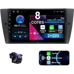 ستيريو سيارة لسيارة BMW 3 Series 2005-2011 (E90/E92/E93) 8 Core Android 12 مع CarPlay اللاسلكي Android Auto، راديو سيارة بلوتوث بشاشة لمس 9 بوصة IPS مع كاميرا احتياطية، AM/FM/RDS، AUX، Hi-Fi، SWC in Kuwait