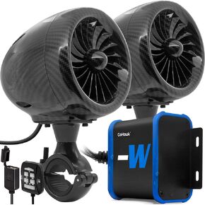 GoHawk TJ4-W Carbon Black Waterproof Amplifier 4" Full Range Bluetooth Motorcycle Stereo Speakers 1 to 1.25 in. Handlebar Mount Audio Amp System Harley Touring Cruiser ATV 4-Wheeler, USB AUX FM Radio