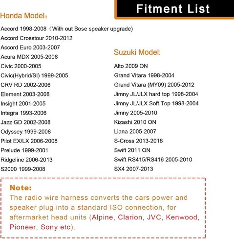 Thewinio راديو ستيريو الأسلاك تسخير لهوندا 1993-2013، سوزوكي 1998-2016 سيارة مشغل أقراص مضغوطة ما بعد البيع ISO القياسية محول قابس موصل استبدال in Kuwait