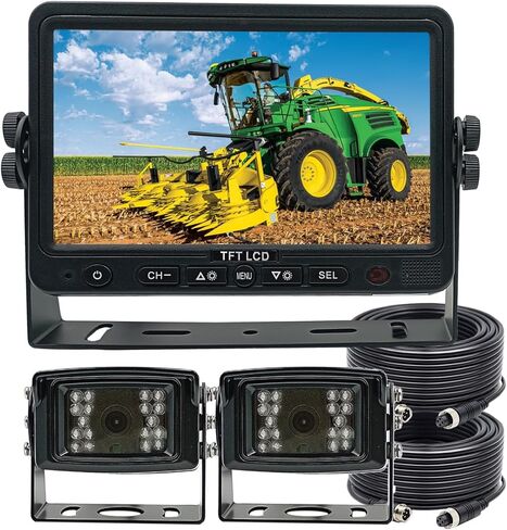 Wired Reverse Rear/Front View Backup Camera System, AHD 720P 7" LCD Monitor with Two Waterproof IP69K Night Vision Cameras for Truck/RV/Bulldozer/Crop Sprayer/Agricultural Equipment/Van in Kuwait