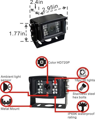 Wired Reverse Rear/Front View Backup Camera System, AHD 720P 7" LCD Monitor with Two Waterproof IP69K Night Vision Cameras for Truck/RV/Bulldozer/Crop Sprayer/Agricultural Equipment/Van in Kuwait