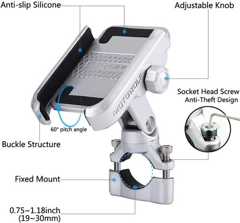 2022 vicelecus Motorcycle Phone Mount, Adjustable Anti Shake Metal Bike Phone Holder for iPhone 13 Plus Samsung Galaxy S21 S20 S10 GPS Silver in Saudi Arabia