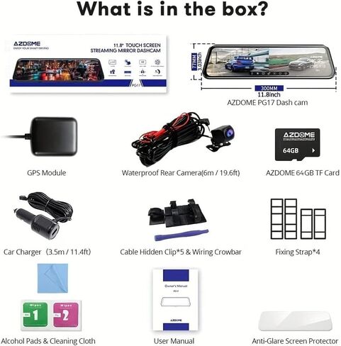 AZDOME 11.8 بوصة واي فاي مرآة داش كام، 2.5K QHD كاميرا مرآة الرؤية الأمامية والخلفية للسيارات، كاميرا مزدوجة مع نسخة احتياطية عكسية مقاومة للماء، رؤية ليلية محسنة، وضع وقوف السيارات، مع بطاقة GPS مجانية 64 جيجابايت in Kuwait