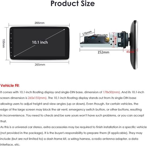 8 Core 4+32GB 1 Din Android 12 راديو ستيريو للسيارة مع Carplay لاسلكي Android Auto، 10.1 بوصة QLED قابل للفصل وقابل للدوران وشاشة قابلة للإمالة GPS مزدوج بلوتوث 5G WiFi جهاز استقبال الصوت والفيديو in Kuwait