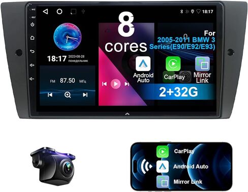 ستيريو سيارة لسيارة BMW 3 Series 2005-2011 (E90/E92/E93) 8 Core Android 12 مع CarPlay اللاسلكي Android Auto، راديو سيارة بلوتوث بشاشة لمس 9 بوصة IPS مع كاميرا احتياطية، AM/FM/RDS، AUX، Hi-Fi، SWC in Kuwait