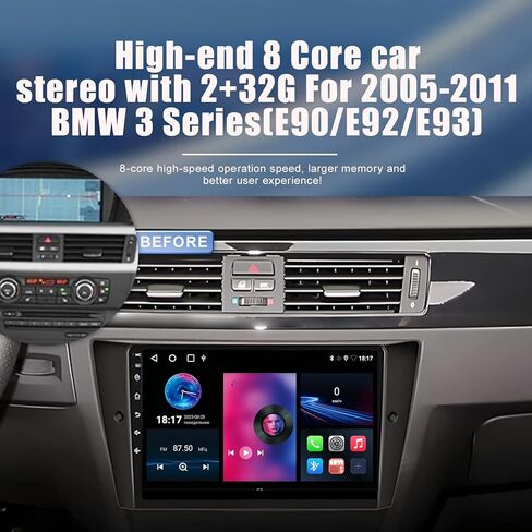 ستيريو سيارة لسيارة BMW 3 Series 2005-2011 (E90/E92/E93) 8 Core Android 12 مع CarPlay اللاسلكي Android Auto، راديو سيارة بلوتوث بشاشة لمس 9 بوصة IPS مع كاميرا احتياطية، AM/FM/RDS، AUX، Hi-Fi، SWC in Kuwait