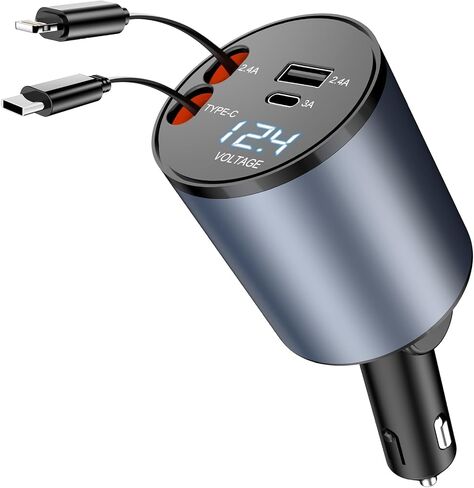 Retractable Car Charger 4 in 1, 100W Super Fast Phone Charger with Dual Retractable Cables for i Phone and Type C Compatible for i Phone 15/14/13/12 Pro Max XR,iPad,Galaxy S23/S22 and More in Kuwait