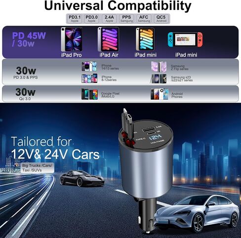 Retractable Car Charger 4 in 1, 100W Super Fast Phone Charger with Dual Retractable Cables for i Phone and Type C Compatible for i Phone 15/14/13/12 Pro Max XR,iPad,Galaxy S23/S22 and More in Kuwait