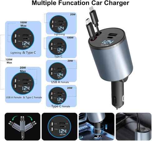 Retractable Car Charger 4 in 1, 100W Super Fast Phone Charger with Dual Retractable Cables for i Phone and Type C Compatible for i Phone 15/14/13/12 Pro Max XR,iPad,Galaxy S23/S22 and More in Kuwait