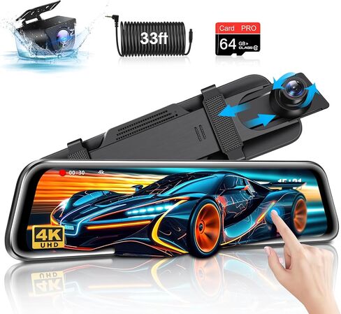 كاميرا جانسايت 4K مرآة الرؤية الخلفية مع 64G بطاقة SD مرآة داش كام أمامية وخلفية 2160P UHD 10 كاميرا احتياطية لمرآة الرؤية الخلفية مع رؤية ليلية فائقة قابلة للتعديل خط عكسي 24 ساعة شاشة للمساعدة في ركن السيارة بسهولة in Kuwait