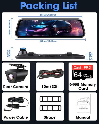 كاميرا جانسايت 4K مرآة الرؤية الخلفية مع 64G بطاقة SD مرآة داش كام أمامية وخلفية 2160P UHD 10 كاميرا احتياطية لمرآة الرؤية الخلفية مع رؤية ليلية فائقة قابلة للتعديل خط عكسي 24 ساعة شاشة للمساعدة في ركن السيارة بسهولة in Kuwait