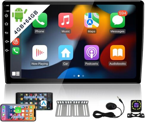 8-Core 4GB+64GB Double Din Android Car Stereo Radio Apple Carplay & Android Auto، 10 بوصة IPS شاشة تعمل باللمس راديو السيارة مع بلوتوث، وحدة ملاحة GPS في لوحة القيادة، شاشة مقسمة، USB مزدوج، كاميرا احتياطية in Kuwait