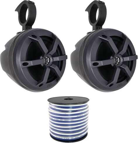 زوجان (الكمية 4) من مجموعة مكبرات الصوت البحرية JVC 6.5 بوصة ثنائية الاتجاه بقدرة 100 وات بحد أقصى مع زوجين (الكمية 4) من PowerSports المعالجة بالأشعة فوق البنفسجية مقاس 6.5 بوصة، حاويات سماعات سوداء غير محملة، سلك in Kuwait