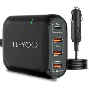 شاحن سيارة USB C سريع، محول شاحن سيارة FEEYOO 119 وات من النوع C، 4 منافذ QC 3.0 PD 3.0 محول شاحن هاتف سيارة سريع الشحن، متوافق مع أجهزة الكمبيوتر المحمول، Samsung، Android، iPhone، iPad، MacBook، Google Pixel in Kuwait