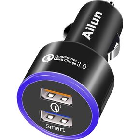 شاحن سيارة Ailun Qualcomm Quick Charge 3.0 محول سريع مزدوج USB منفذ 35 وات لهاتف iPhone 14 13 11 12 Pro Max X Xs XR SE 2020 Galaxy s20+ S20Ultra، أسود أزرق in Kuwait