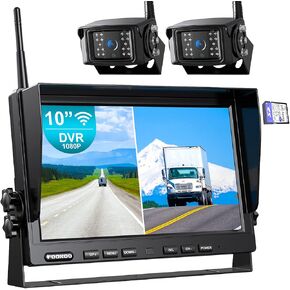 Fookoo HD 7" Wireless Backup Camera System, 1080P 7" Quad Split Screen Monitor, IP69 Waterproof Side Rear View Cameras, Parking Lines, Loop Recording, Digital Signal for RV/Trailer/Truck/Bus (DW7T4)